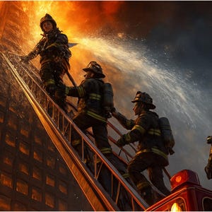 May include: A dramatic image of firefighters battling a high-rise building fire. Firefighters in full gear climb a ladder, with flames engulfing the structure. Water sprays from a hose, and the scene is filled with smoke and the glow of fire.