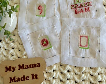 Mahjong Cocktail Napkins – Embroidered Linen Set | Handmade Mahjong Gift | Dot Crack Bam Decor | Hostess Gift | Mahjong Night Accessory