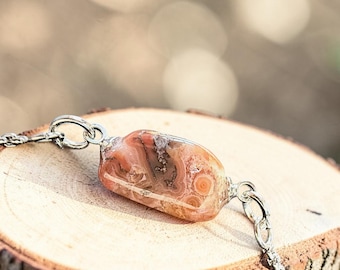 Lake Superior Agate Bracelet, Silver Stainless Steel Stone Bracelet, Handmade Natural Agate Jewelry, Minimalist Gift