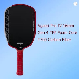 May include: A pickleball paddle with a black face, red trim, and a red grip. The paddle has the text "AGASSI" in white on the face and the text "Agassi Pro IV 16mm Gen 4 TFP Foam Core T700 Carbon Fiber" in white.