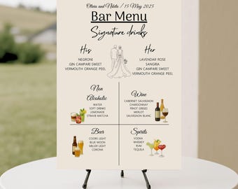 Plantilla de menú de bar para bodas, letrero editable con bebidas de autor.