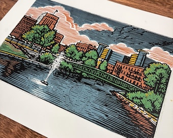 Wood-Carved Kalamazoo, Michigan Linocut Print | Original Block Print | Midwest Art | Handmade Wall Decor