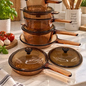 Vintage Corning Visions Amber Cookware Set Saucepans Skillets Double Boiler 4 Lids