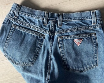 Vintage 90s Guess Jeans: Blue Denim Triangle Logo Straight Leg Made in Chile