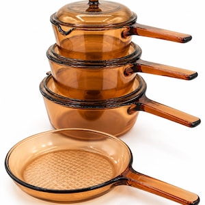 Vintage Corning Visions Amber Cookware Set 1L 1.5L 2.5L Saucepans Lids & Skillet