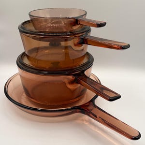Vintage Corning Visions Amber Cookware Set 0.5L 1.5L 2.5L Saucepans Skillet Pyrex Lids