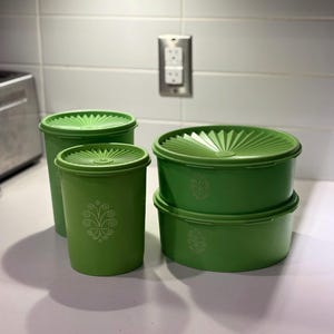 Puede incluir: Un conjunto de recipientes de plástico verde para guardar alimentos con tapas. Los recipientes son de varios tamaños y formas, incluyendo cilíndricos y redondos. Cada recipiente tiene un diseño floral blanco. Las tapas tienen un diseño en forma de abanico.