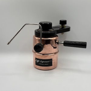Cafetera espresso vintage de cobre con brazo vaporizador – Benjamin & Medwin Caffè, década de 1970