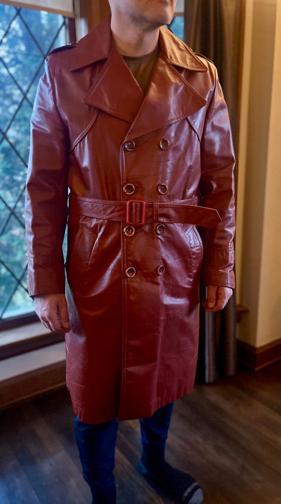 Vintage 1970s Oxblood Leather Trench Coat | Belted Double Breasted, Size 42