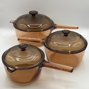 Juego de utensilios de cocina vintage Corning Visions de vidrio ámbar, 3 cacerolas con tapa, Pyroceram para estufa, fabricado en EE. UU.