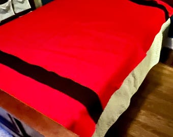 Vintage Wool Blanket | Red Black Stripes, Made in England, 3.5 Point Size