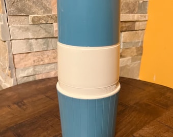 Vintage Blue & White Thermos: Retro Insulated Bottle, Cup Lid - Made in Canada