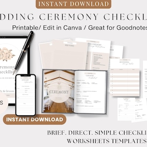 Cream & White Wedding Ceremony Planner Editable Canva Template, Ceremony Checklist and Processional Guide