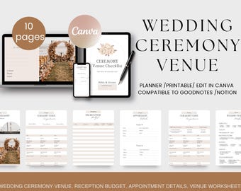 Plantilla de Canva para planificar el lugar de la ceremonia de boda, lista de verificación editable del lugar, plano de distribución, plano de asientos y organizador.