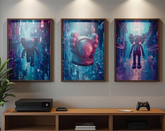 Lot de 3 reproductions d'art mural figurines Kaws | Décoration cyberpunk