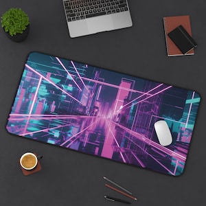 Cyberpunk Neon Desk Mat | Large Gaming Mouse Pad | RGB Sci-Fi Futuristic Desk Setup | Office & Gamer Aesthetic Accessory