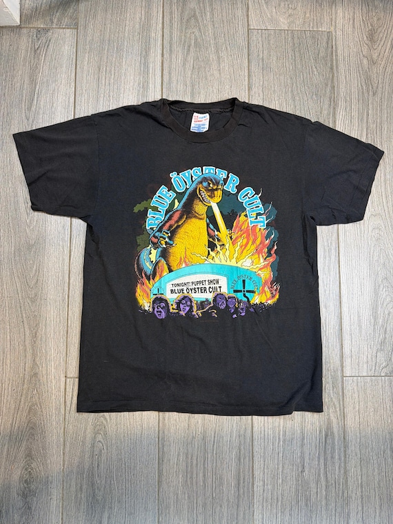 The 90s Blue Oyster Cult Godzilla Shirt Double Sided Black T-shirt