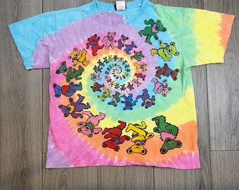 Camiseta azul líquido con efecto tie-dye y oso de Grateful Dead de los 90, talla mediana