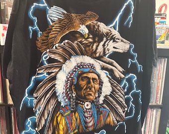 Vintage American Thunder Native Distressed T-shirt Wolf Eagle