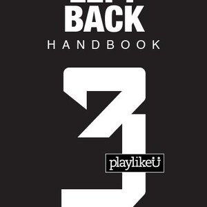 May include: A monochrome graphic with the words "LEFT BACK HANDBOOK" in bold white letters. A large white number 3 is below, with the text "playlikeu" in a small white box. The background is black.