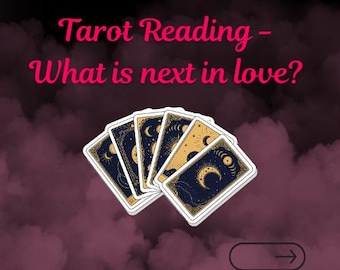 May include: A fan of five tarot cards featuring celestial designs with moons and stars in gold and dark blue. The text reads Tarot Reading - What is next in love? The background is a dark, smoky purple with a small rectangular arrow icon.