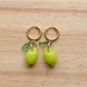Tequila Lime Hoop Earrings | Tiny Lime Dangle Earrings | Cute Fruit Jewelry | Cottagecore Earrings | Summer Gold Hoops