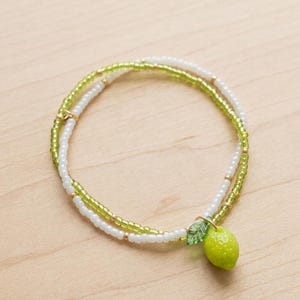 Tequila Lime Stretchy Bead Bracelet Stack | Tiny Lime Dangle charm | Cute Fruit Jewelry | Cottagecore | Summer Handmade Jewelry