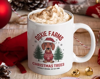Mugg: Doxie Farms julgranar, taxkaffekopp, present till taxälskare, julmugg, taxjulklapp, högtid