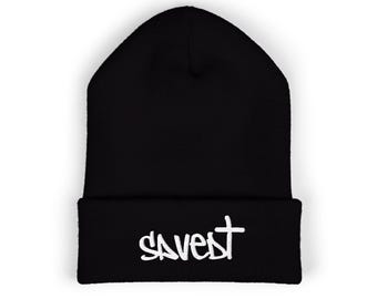 Embroidered Saved Christian Streetwear Graffiti Style Beanie, Cross Winter Hat, Religious Graphic Knit Cap, Hip Hop Urban Headwear for Men