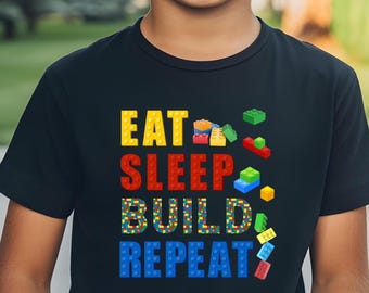Ät, sov, bygg, upprepa, t-shirt, tegelstensbyggare, rolig blockbyggare, mästerbyggare, mästerbyggare, gåva, byggklossälskare