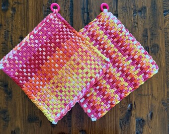Handwoven Potholders Pink Yellow Orange Trivets Pot Holders Hot Pads