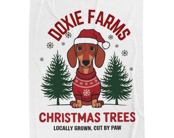 Doxie Farms クリスマスツリー ベルベット プラッシュブランケット | ダックスフンドサンタ、ホリデーツリーデザイン