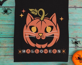 Retro Halloween Pumpkin Cat T-Shirt, Tee, Shirt, Costume Top, Vintage Fall Scary Kitty Apparel