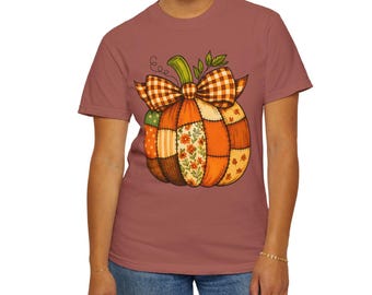 Herbst Kürbis Patchwork T-Shirt, Herbst Tees, Ernte Grafik T-Shirt, Halloween Quilt Kürbis, Thanksgiving Kleidung, gemütliches saisonales Shirt