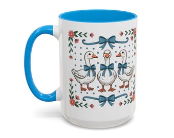 Vintage Geese with Blue Bows Mugs | Country Goose Floral Pattern