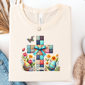 Koszulka z krzyżem patchworkowym, jajkami i kwiatami | Koszulka z napisem „Wesołych Świąt Wielkanocnych”