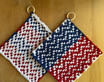 Patriotic Potholders Pot Holders Trivet Red White Blue Fourth Of July Americas 250 Handwoven