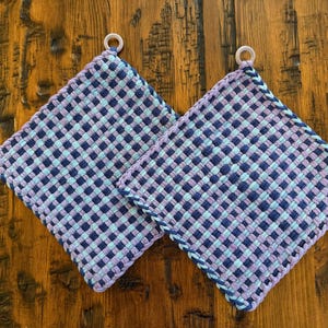Handwoven Potholders Blue Lavender Gingham Trivets Hot Pads Pot Holders