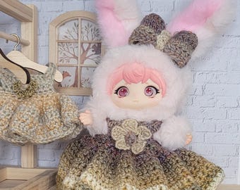 Crochet Doll Dress with Bow: Boho Plum Outfit for 15 cm and 17cm Dolls