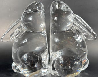 Sujetalibros vintage de conejos de cristal (par) Decoración de conejito de cristal artístico transparente, estilo taiwanés, decoración de estante moderna de mediados de siglo, regalo para amantes de los animales