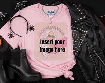 Pink Halloween T-Shirt Mockup: Gildan 5000, Styled Flat Lay (Digital Download)