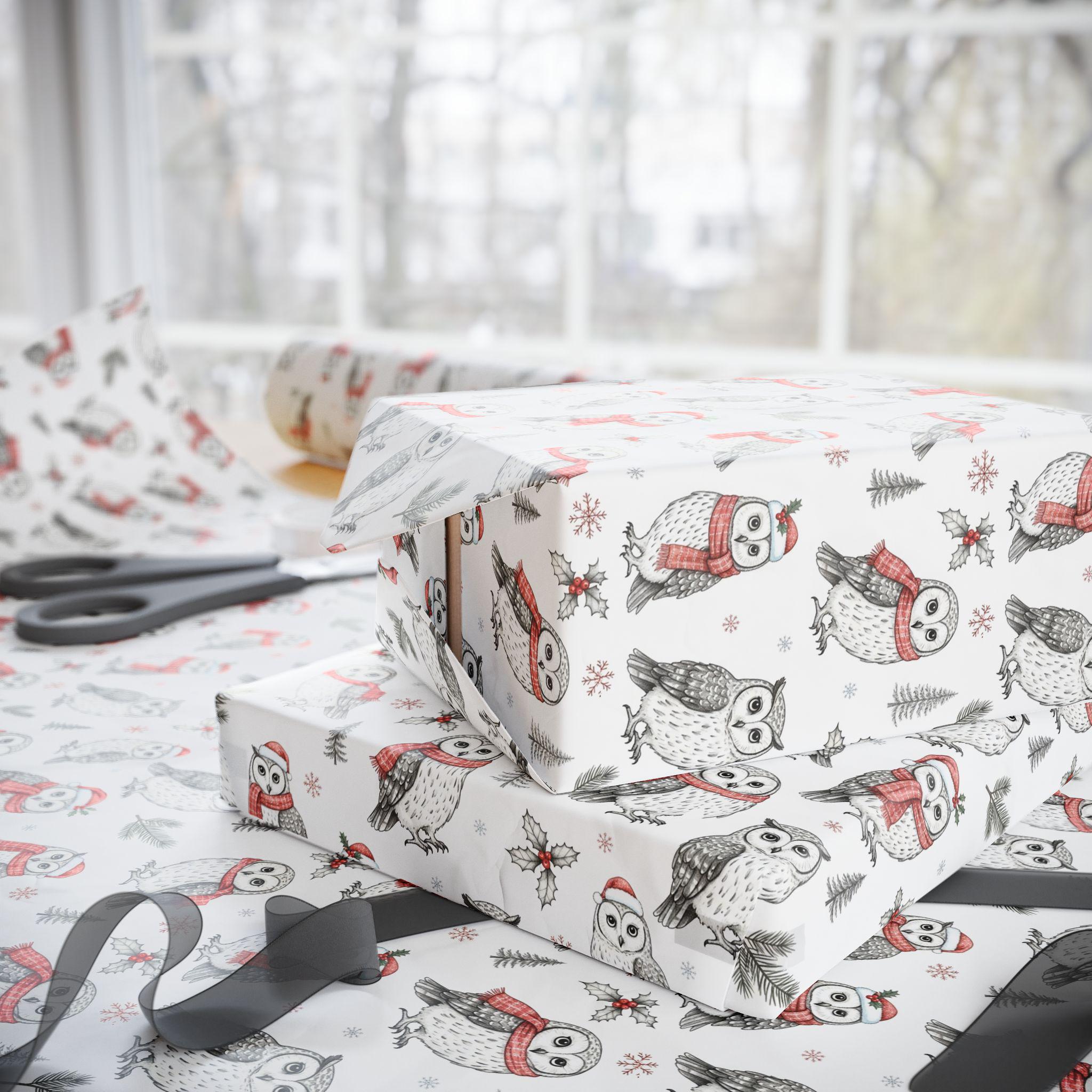 Woodland Owl Pattern Wrapping Paper | Cute Owls, Scarves, Winter Motif