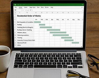 May include: A laptop displaying a project timeline titled "Residential Order of Works" with a coffee cup and eyeglasses on a wooden surface. The text "STAY ON TRACK - ORDER OF WORKS" is at the top. The Tradie Docs logo is at the bottom.