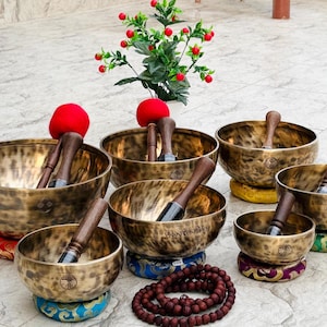 Può includere: Una collezione di ciotole tibetane in bronzo con battenti in legno, appoggiate su cuscini colorati. Sono presenti anche una piccola pianta con bacche rosse e un filo di perline marroni. Le ciotole variano in dimensioni e sono disposte a semicerchio.