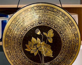 Handgjord tibetansk gong med stativ | Ljudterapiinstrument i metall, Nepal