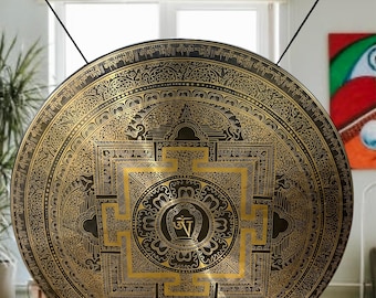 Handgjord tibetansk gong med stativ | Nepal ljudterapiinstrument, meditationsdekor