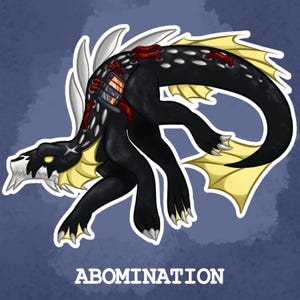 Puede incluir: Ilustraci&oacute;n de una criatura negra con aletas y detalles amarillos, p&uacute;as blancas y detalles rojos. La criatura tiene una cabeza esquel&eacute;tica y la palabra "ABOMINATION" est&aacute; escrita debajo.