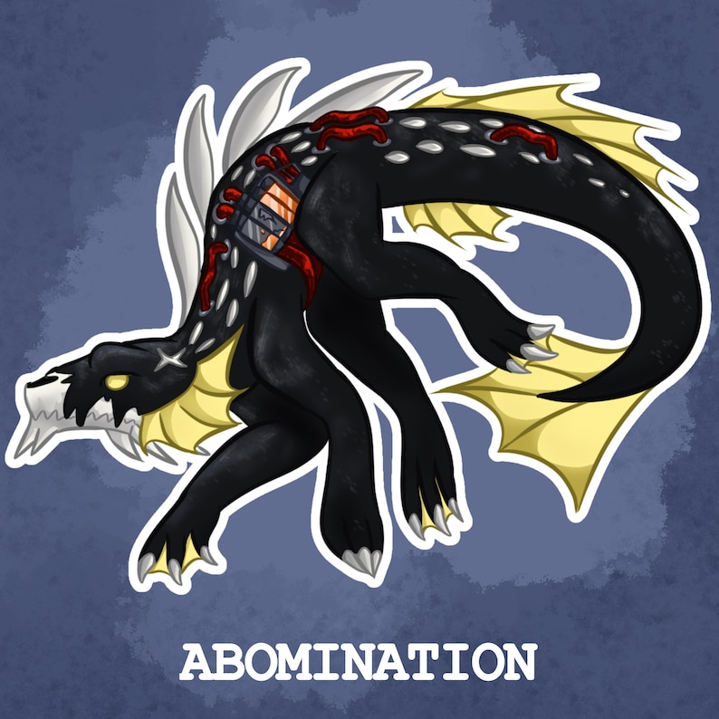 Puede incluir: Ilustraci&oacute;n de una criatura negra con aletas y detalles amarillos, p&uacute;as blancas y detalles rojos. La criatura tiene una cabeza esquel&eacute;tica y la palabra "ABOMINATION" est&aacute; escrita debajo.