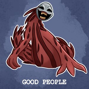 Puede incluir: Ilustraci&oacute;n de una criatura con una m&aacute;scara blanca y una amplia sonrisa con dientes. La criatura tiene un cuerpo rojo y fluido con acentos rojo oscuro. Las palabras "GOOD PEOPLE" est&aacute;n impresas en blanco en la parte inferior de la imagen sobre un fondo azul.