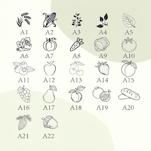 May include: A grid of twenty-two black line art icons depicting various plants, fruits, vegetables, and food items, each labeled with an alphanumeric code from A1 to A22, including wheat, corn, carrots, berries, apples, and bread on a light background.